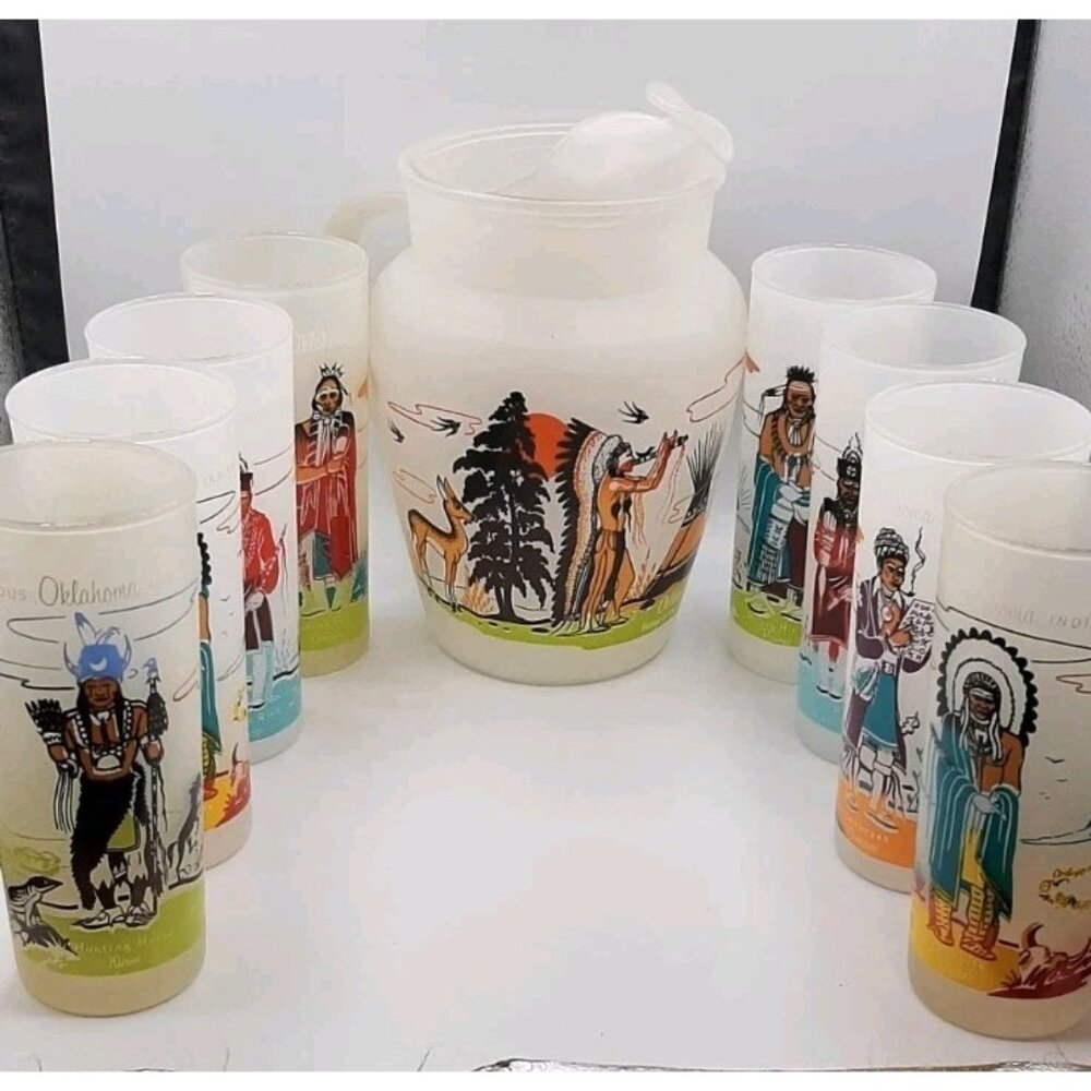 Vintage 1950s Oklahoma Indians Knox Oil Blue Eagle Frosted Pitcher and 8 Glasses
